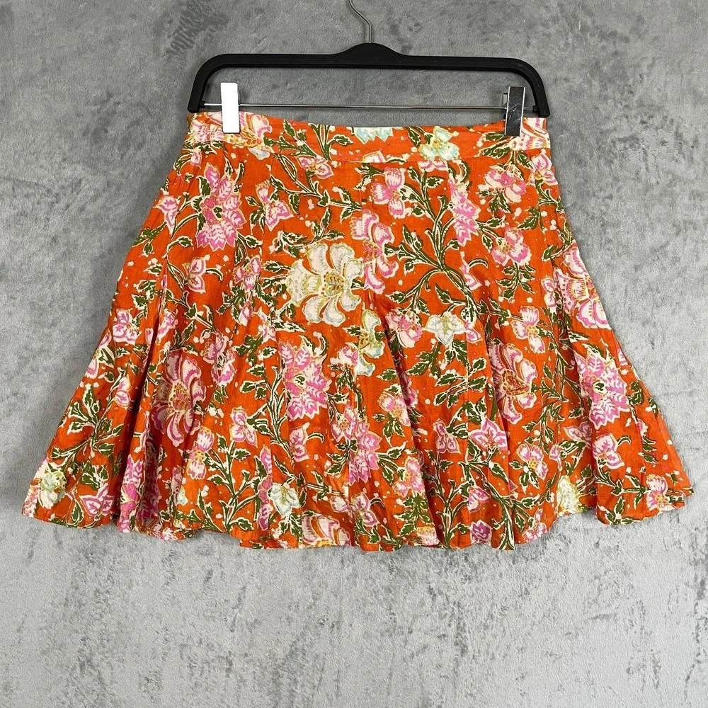Orange Floral Pleated Mini Skirt Bohemian Size 12